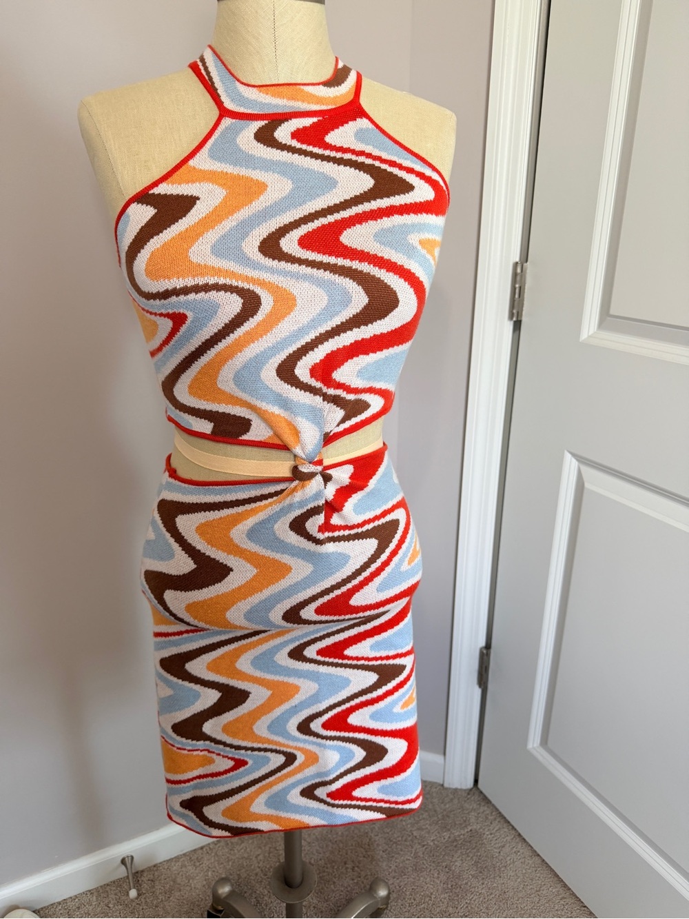 Princess Polly Coral & Cream Knit Halter Dress